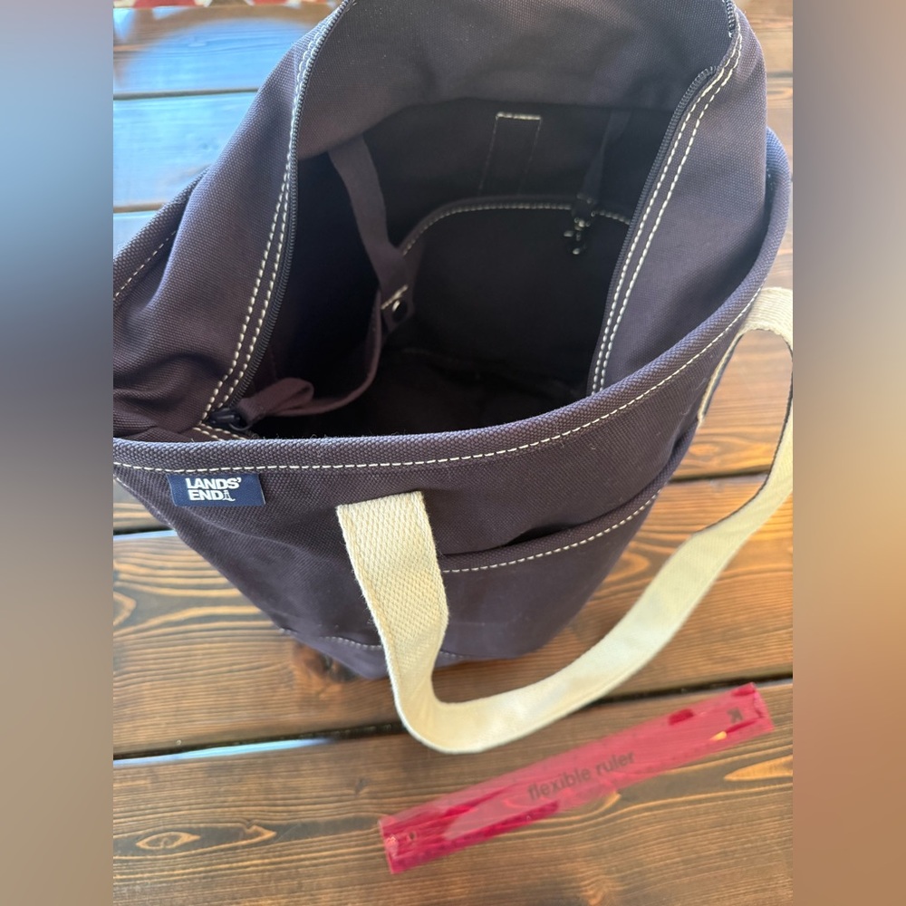 Lands' End Navy Blue Canvas Tote with Cream accents - Picture 2 of 3